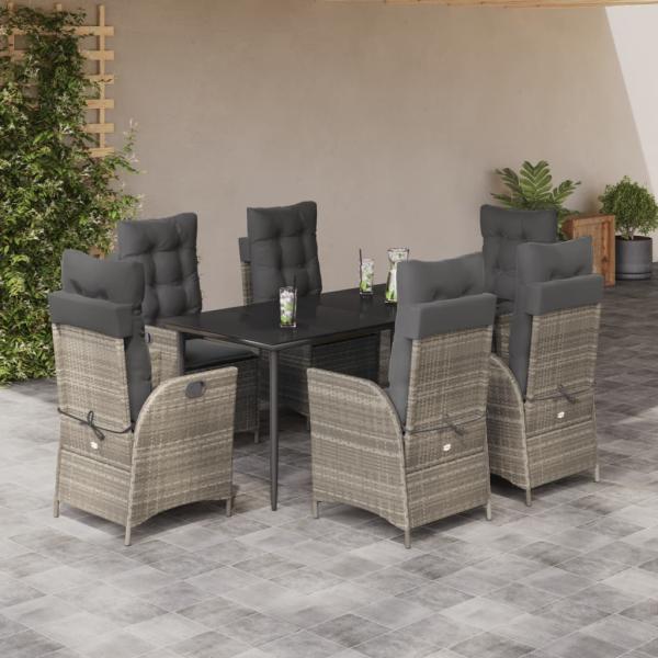 ARDEBO.de - 7-tlg. Garten-Essgruppe mit Kissen Hellgrau Poly Rattan