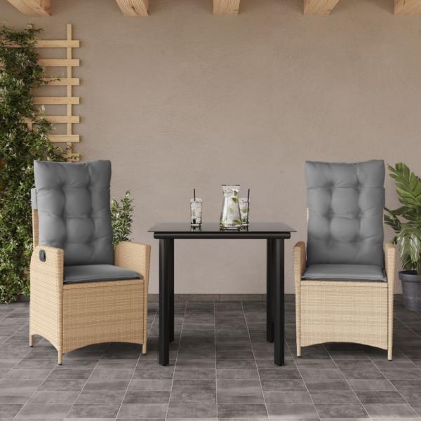 ARDEBO.de - 3-tlg. Garten-Essgruppe mit Kissen Beige Poly Rattan