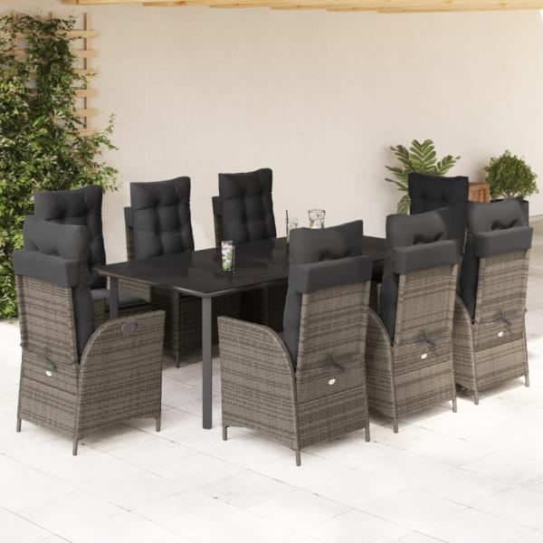 ARDEBO.de - 9-tlg. Garten-Essgruppe mit Kissen Grau Poly Rattan