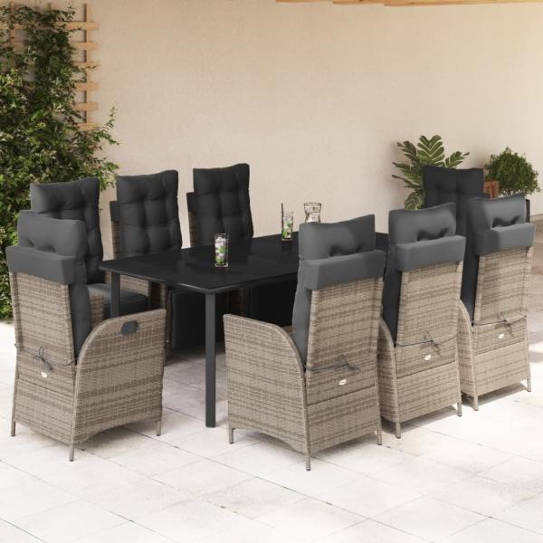 ARDEBO.de - 9-tlg. Garten-Essgruppe mit Kissen Grau Poly Rattan
