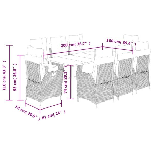 9-tlg. Garten-Essgruppe mit Kissen Grau Poly Rattan