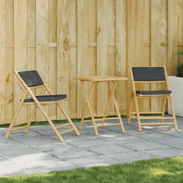 ARDEBO.de - 3-tlg. Bistro-Set Klappbar mit Dunkelgrauen Kissen Bambus