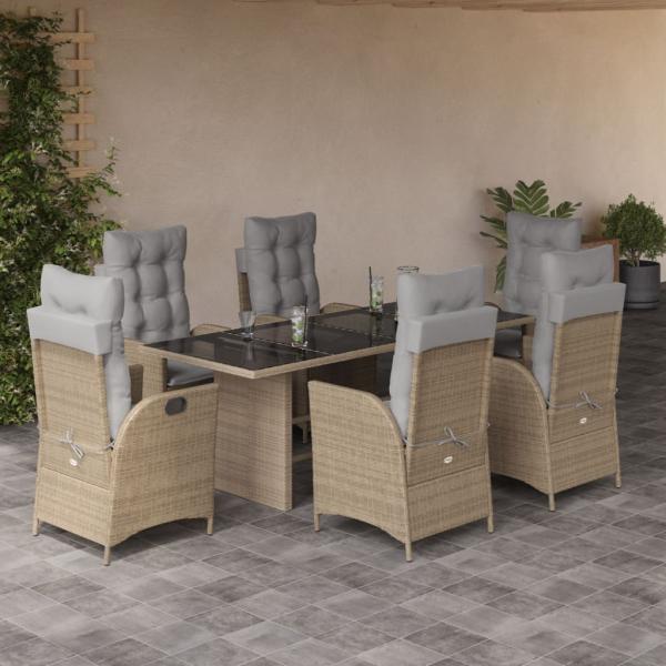ARDEBO.de - 7-tlg. Garten-Essgruppe mit Kissen Beigemischung Poly Rattan