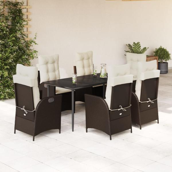 ARDEBO.de - 7-tlg. Garten-Essgruppe mit Kissen Braun Poly Rattan