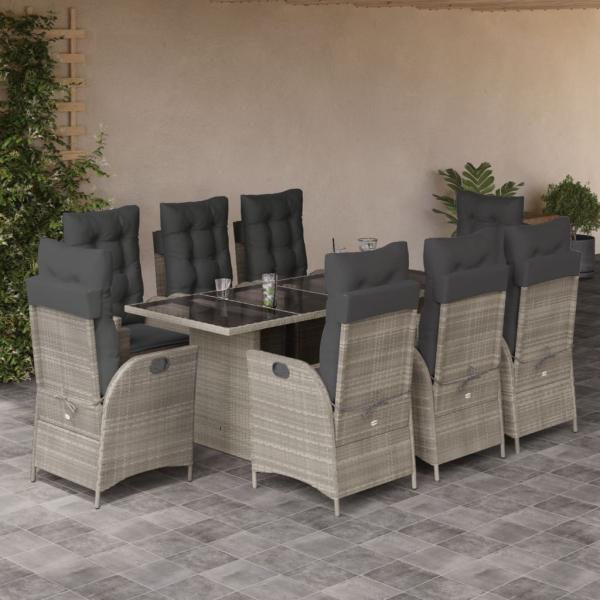 ARDEBO.de - 9-tlg. Garten-Essgruppe mit Kissen Hellgrau Poly Rattan