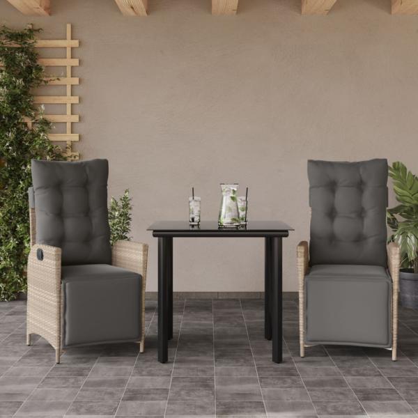 ARDEBO.de - 3-tlg. Garten-Essgruppe mit Kissen Hellgrau Poly Rattan
