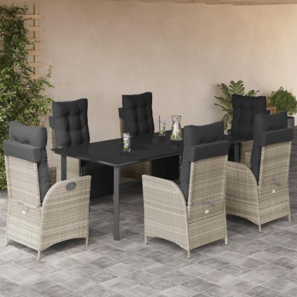 ARDEBO.de - 7-tlg. Garten-Essgruppe mit Kissen Hellgrau Poly Rattan