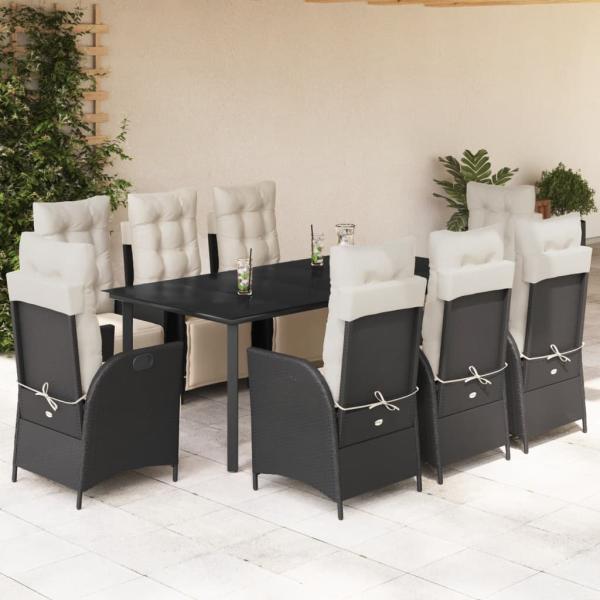 ARDEBO.de - 9-tlg. Garten-Essgruppe mit Kissen Schwarz Poly Rattan