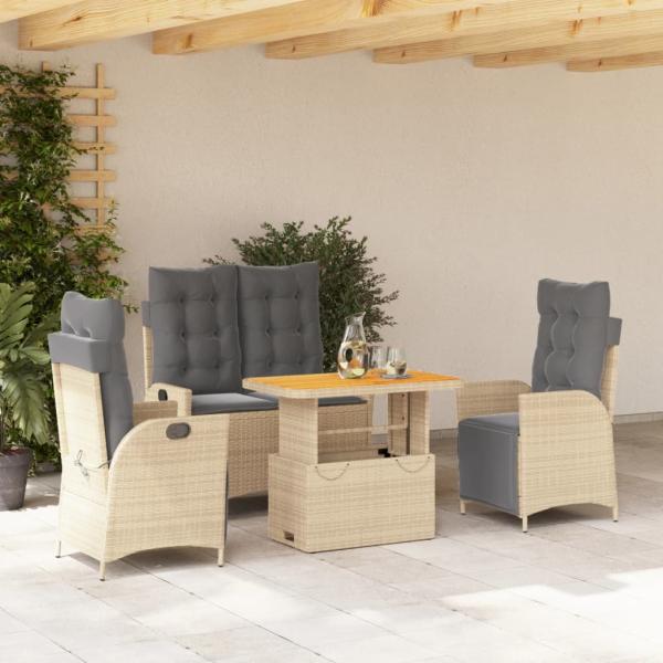 ARDEBO.de - 4-tlg. Garten-Essgruppe mit Kissen Beige Poly Rattan