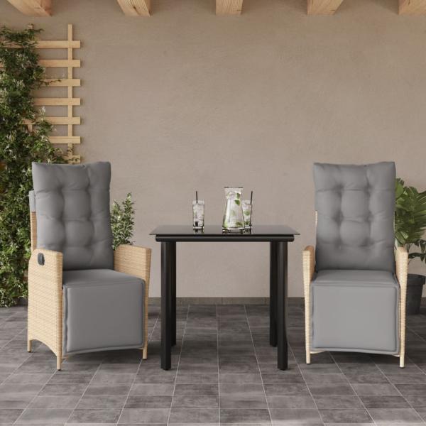ARDEBO.de - 3-tlg. Garten-Essgruppe mit Kissen Beigemischung Poly Rattan