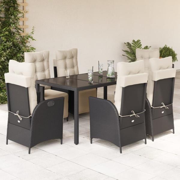 ARDEBO.de - 7-tlg. Garten-Essgruppe mit Kissen Schwarz Poly Rattan