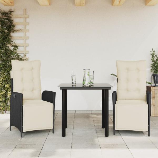 ARDEBO.de - 3-tlg. Garten-Essgruppe mit Kissen Schwarz Poly Rattan