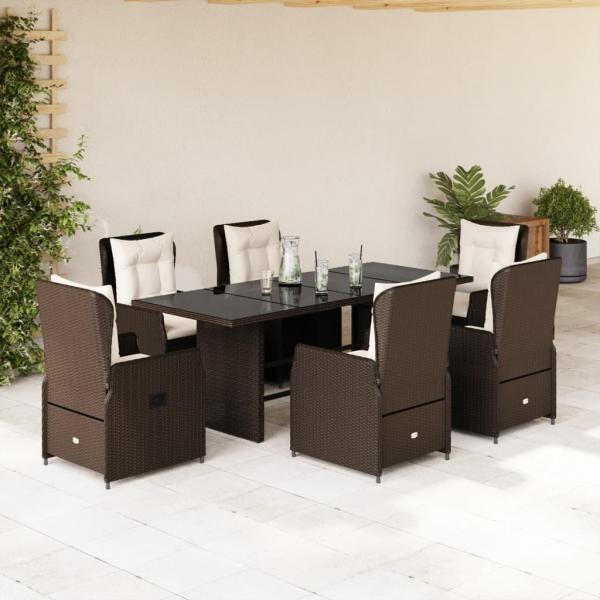 ARDEBO.de - 7-tlg. Garten-Essgruppe mit Kissen Braun Poly Rattan