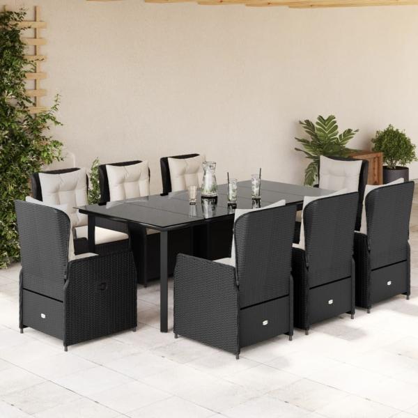 ARDEBO.de - 9-tlg. Garten-Essgruppe mit Kissen Schwarz Poly Rattan