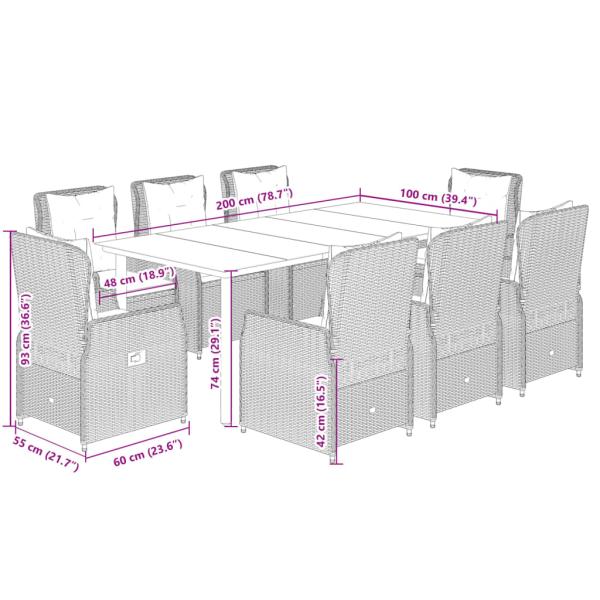 9-tlg. Garten-Essgruppe mit Kissen Schwarz Poly Rattan