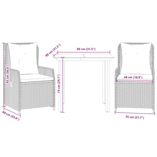 3-tlg. Garten-Essgruppe mit Kissen Braun Poly Rattan