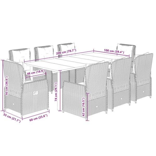 9-tlg. Garten-Essgruppe mit Kissen Braun Poly Rattan