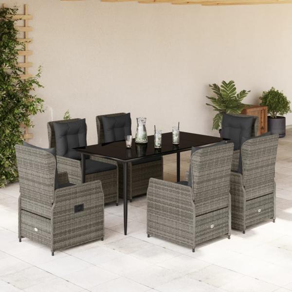 ARDEBO.de - 7-tlg. Garten-Essgruppe mit Kissen Grau Poly Rattan