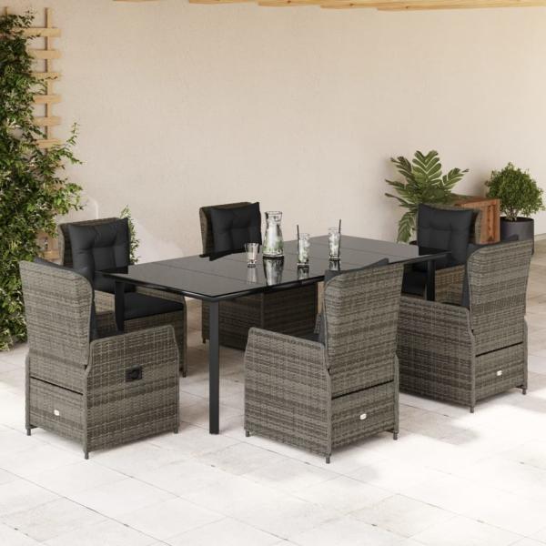 ARDEBO.de - 7-tlg. Garten-Essgruppe mit Kissen Grau Poly Rattan
