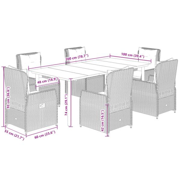 7-tlg. Garten-Essgruppe mit Kissen Grau Poly Rattan