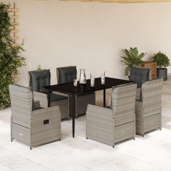 ARDEBO.de - 7-tlg. Garten-Essgruppe mit Kissen Hellgrau Poly Rattan