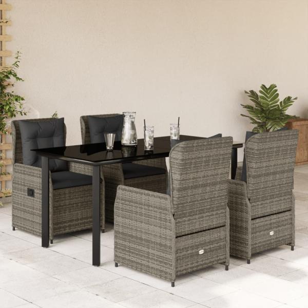 ARDEBO.de - 5-tlg. Garten-Essgruppe mit Kissen Grau Poly Rattan