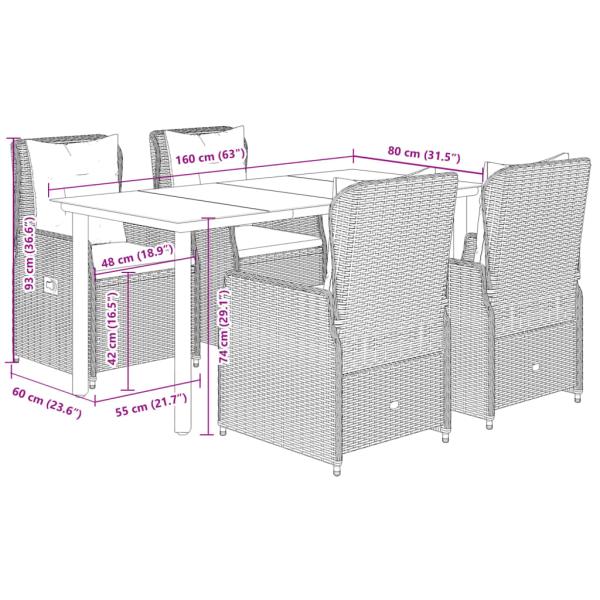 5-tlg. Garten-Essgruppe mit Kissen Grau Poly Rattan