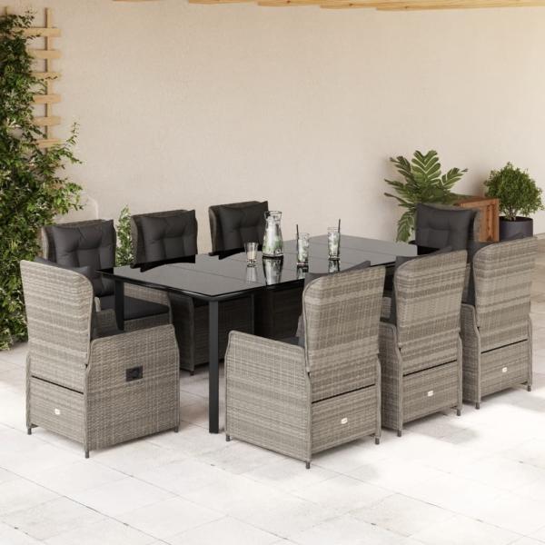 ARDEBO.de - 9-tlg. Garten-Essgruppe mit Kissen Hellgrau Poly Rattan