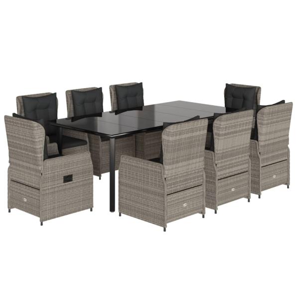 9-tlg. Garten-Essgruppe mit Kissen Hellgrau Poly Rattan