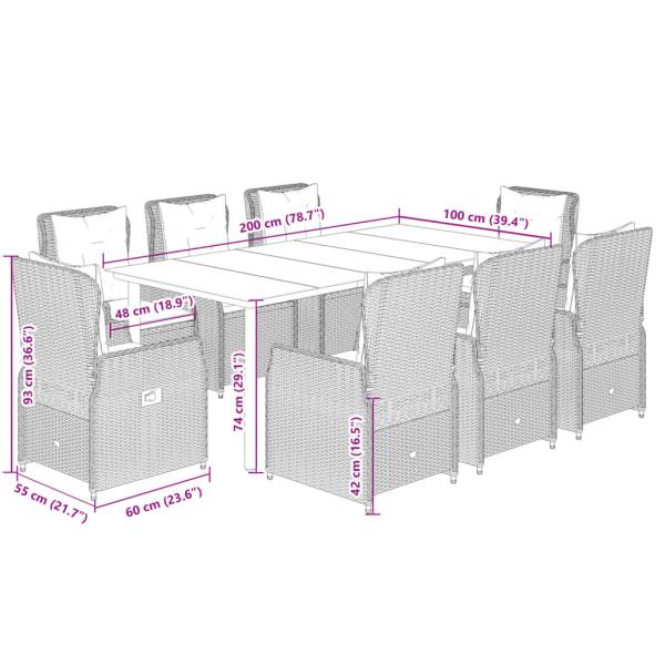 9-tlg. Garten-Essgruppe mit Kissen Hellgrau Poly Rattan
