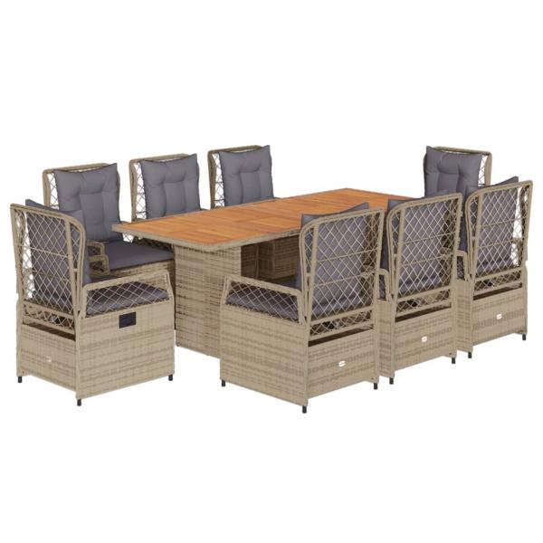 ARDEBO.de - 9-tlg. Garten-Essgruppe mit Kissen Beige Poly Rattan