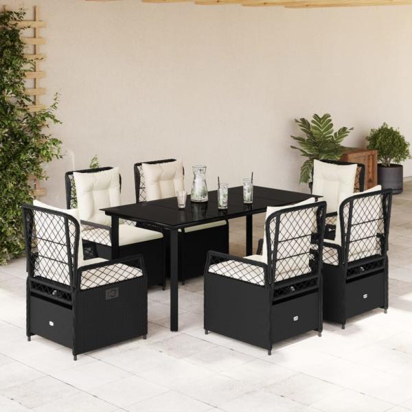 ARDEBO.de - 7-tlg. Garten-Essgruppe mit Kissen Schwarz Poly Rattan