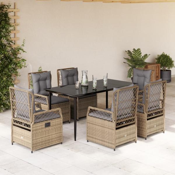 ARDEBO.de - 7-tlg. Garten-Essgruppe mit Kissen Beige Poly Rattan