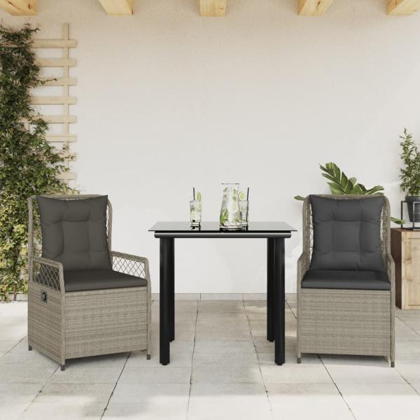 ARDEBO.de - 3-tlg. Garten-Essgruppe mit Kissen Hellgrau Poly Rattan