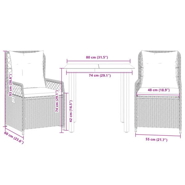 3-tlg. Garten-Essgruppe mit Kissen Hellgrau Poly Rattan