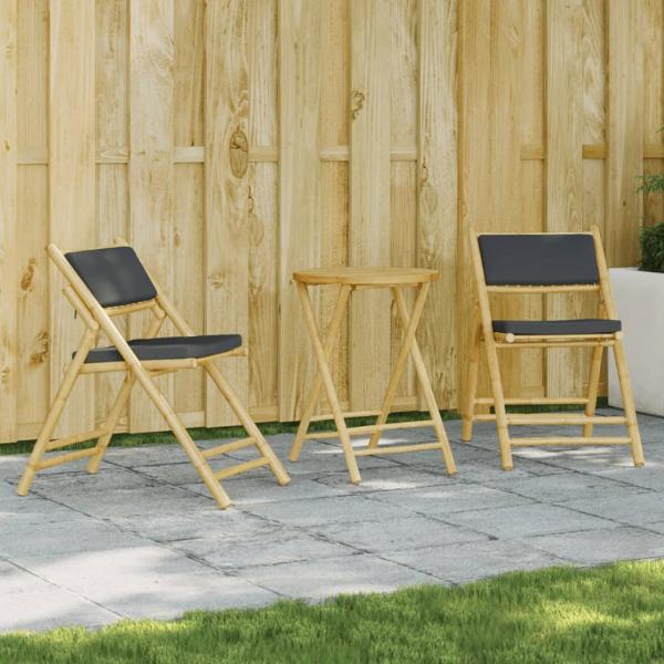 ARDEBO.de - 3-tlg. Bistro-Set Klappbar mit Dunkelgrauen Kissen Bambus