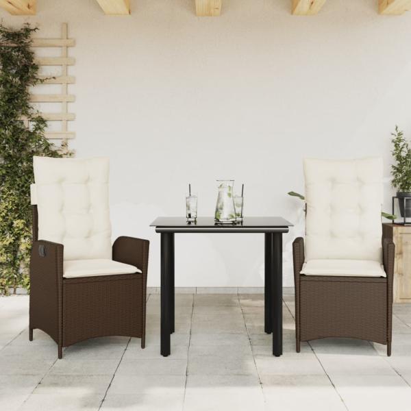 ARDEBO.de - 3-tlg. Garten-Essgruppe mit Kissen Braun Poly Rattan