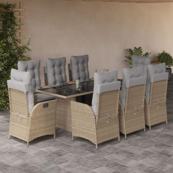 ARDEBO.de - 9-tlg. Garten-Essgruppe mit Kissen Beigemischung Poly Rattan