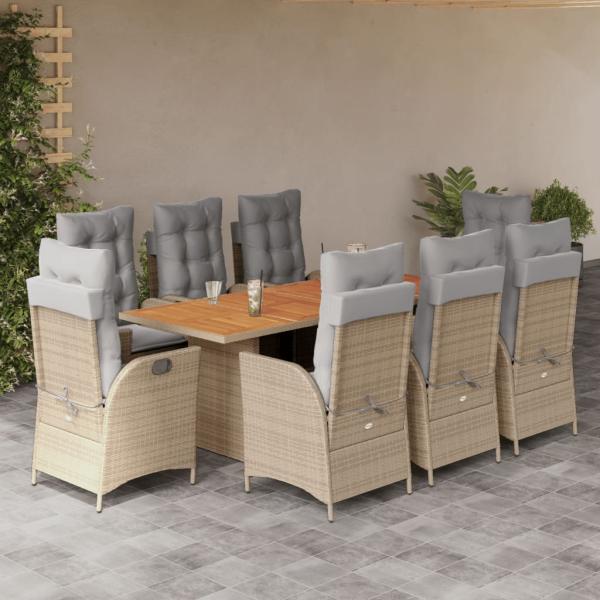 ARDEBO.de - 9-tlg. Garten-Essgruppe mit Kissen Beigemischung Poly Rattan