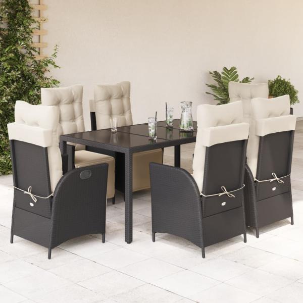 ARDEBO.de - 7-tlg. Garten-Essgruppe mit Kissen Schwarz Poly Rattan