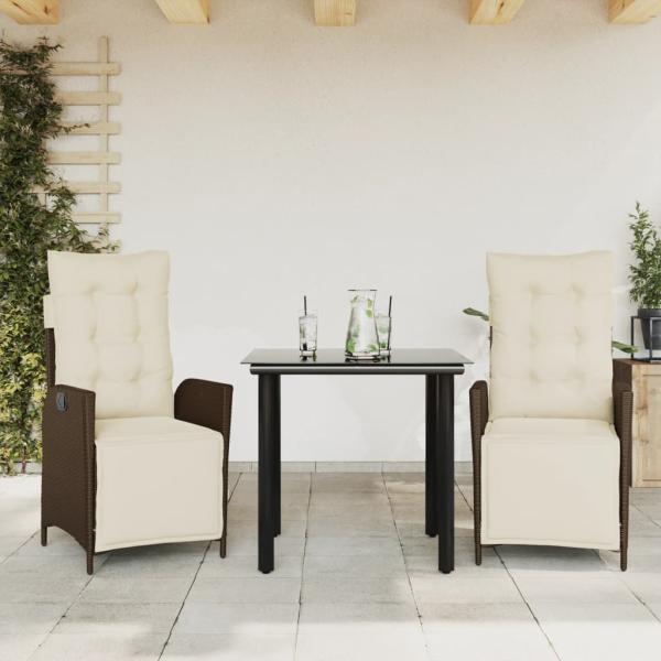 ARDEBO.de - 3-tlg. Garten-Essgruppe mit Kissen Braun Poly Rattan
