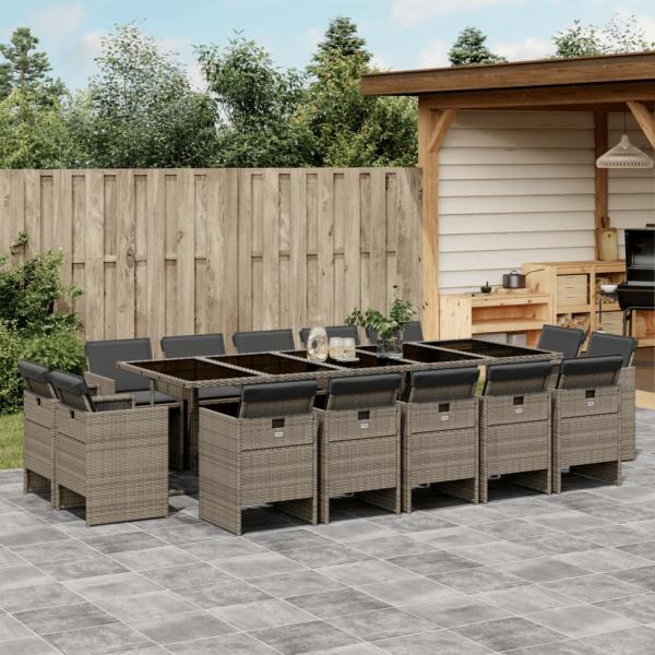 ARDEBO.de - 15-tlg. Garten-Essgruppe mit Kissen Grau Poly Rattan