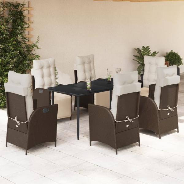 ARDEBO.de - 7-tlg. Garten-Essgruppe mit Kissen Braun Poly Rattan