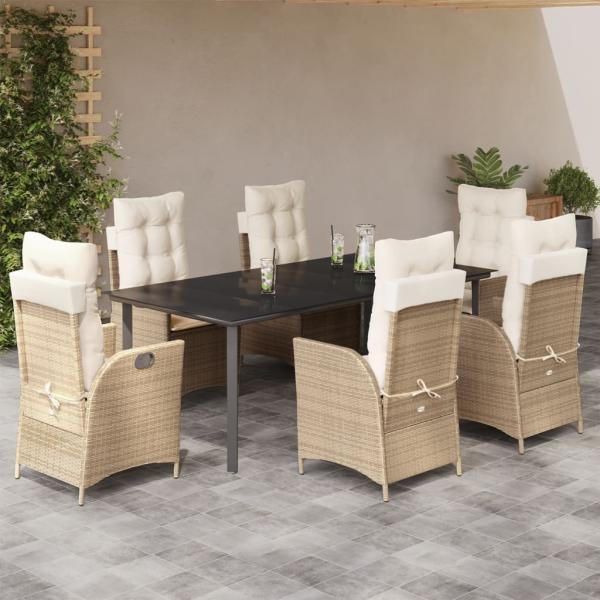 ARDEBO.de - 7-tlg. Garten-Essgruppe mit Kissen Beige Poly Rattan