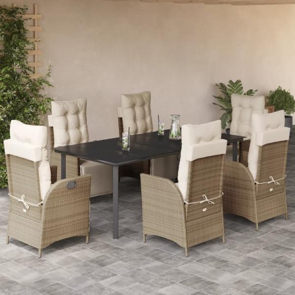 ARDEBO.de - 7-tlg. Garten-Essgruppe mit Kissen Beige Poly Rattan