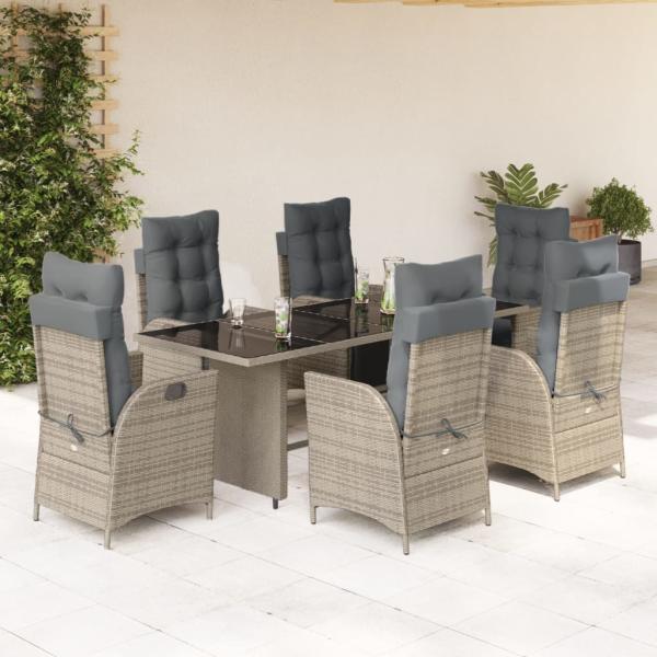 ARDEBO.de - 7-tlg. Garten-Essgruppe mit Kissen Grau Poly Rattan