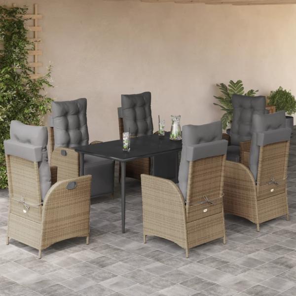 ARDEBO.de - 7-tlg. Garten-Essgruppe mit Kissen Beigemischung Poly Rattan