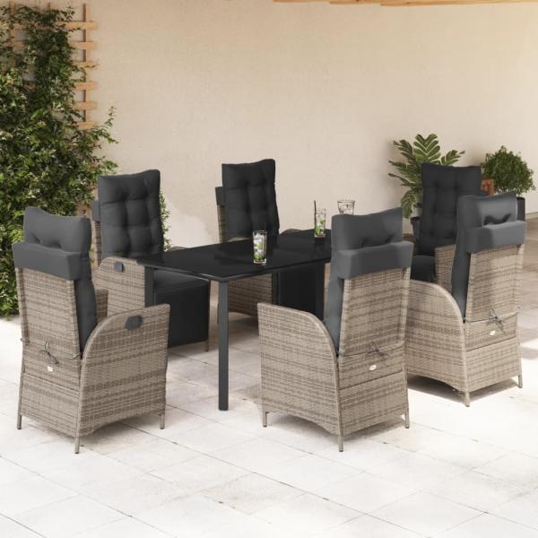 ARDEBO.de - 7-tlg. Garten-Essgruppe mit Kissen Grau Poly Rattan