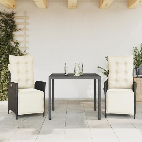 ARDEBO.de - 3-tlg. Garten-Essgruppe mit Kissen Schwarz Poly Rattan