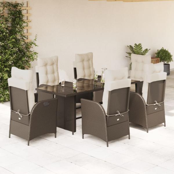 ARDEBO.de - 7-tlg. Garten-Essgruppe mit Kissen Braun Poly Rattan